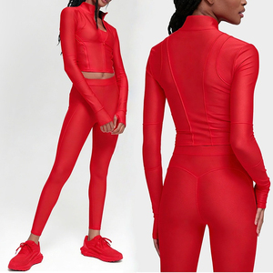 Womens 2 Piece Yoga Set Stand Neck <b>Crop</b> <b>Top</b> High Waist Leggings Full Length Solid <b>Red</b> Spandex Polyester Seamless Four-Way Stres - Product Image 1