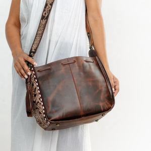 Women's Genuine Cowhide Leather Brown Floral Design Crossbody <b>Tote</b> <b>Bag</b> Handmade Water-Resistant Stylish for Summer Portable - Product Image 4