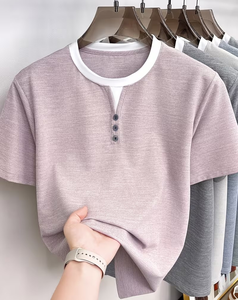 Men's Breathable Short Sleeve O Neck Solid Gray Jersey Knitted Casual T-Shirt Regular Fit 180g - Product Image 5