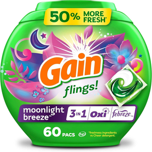 ผงซักฟอกแบบเม็ด Gain Flings กลิ่นมูนไลท์บรีซ 60 เม็ด พร้อมคุณสมบัติป้องกันกลิ่น ผงซักฟอกเข้มข้น - Product Image 1
