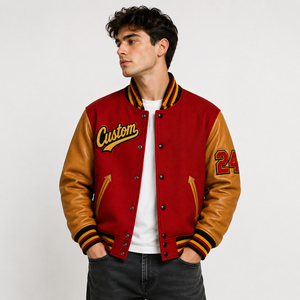 Unisex <b>Red</b> Letterman Varsity Jacket Tan Faux Leather Sleeves Chenille Patch Number 24 Snap Button College Bomber Outerwear SHH - Product Image 5