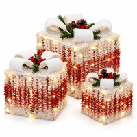 Ensemble de 3 boîtes cadeaux de Noël en métal écologiques avec LED blanc chaud et nœud en peluche pour la décoration de la maison, du porche et des fêtes