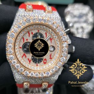 นาฬิกาโครโนกราฟหรูหราประดับเพชร Pahal Jewels ขนาด 45 มม. ระบบอนาล็อก ควอตซ์ สำหรับผู้ชาย ตัวเรือนสแตนเลสสีแดง ประดับโมอิสซาไนต์ ตัวเลขโรมัน - Product Image 5