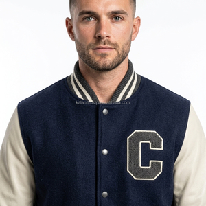 Chaqueta Bomber Varsity de Invierno para Hombre, Personalizada, Bordada, de Lana Teñida, con Mangas de Cuero, Cuello Alto, Estilo Casual - Product Image 4