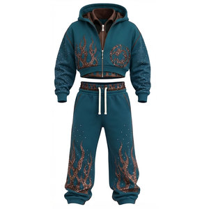 Men Green Flame Silk Screen Print Tracksuit Set 100% Cotton Full Length Zipper 450 Gsm <b>Cropped</b> Hoodie <b>Jogger</b> Casual Loose Fit - Product Image 1
