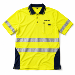 เสื้อโปโลผ้าฝ้ายสะท้อนแสงสีเหลืองสะท้อนแสง ระบายอากาศ กันลม กันน้ำ ไซส์ใหญ่ แต่งขอบสีกรมท่า มีกระเป๋าเสื้อ สำหรับชุดทำงาน - Product Image 1