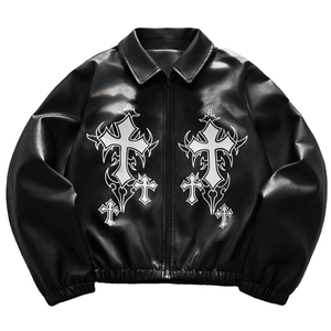Blouson Bomber Gothique en Cuir PU pour Homme, Col Rabattu, Fermeture Éclair, Motif Croix Brodé sur le Devant, Idéal pour l'Automne - Product Image 3