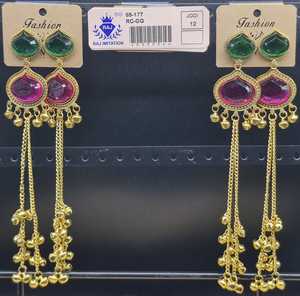 Gold Plated Betel Leaf <b>Stud</b> Oval Stone Drop <b>Earrings</b> Multi <b>Chain</b> Ghungroo Tassel Long Dangle Wholesale Set - Product Image 3
