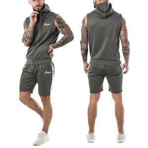 Ensemble gilet sans manches à capuche gris et short pour homme, couleur unie, respirant, en polyester, tenue décontractée d'été - Product Image 6