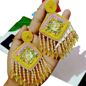 ต่างหูระย้าชุบเงินลูกปัดแก้วปักลวดลายที่ทำด้วยมือหรูหราทันสมัยทันสมัย - Product Image 3