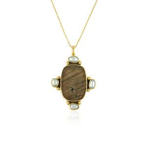 Wholesale fashion jewelry natural labradorite with <b>pearl</b> charms pendant <b>necklace</b> 18k <b>gold</b> plated cable chain <b>necklace</b> for women - Product Image 1