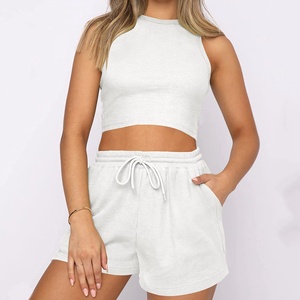 Wholesale Fashion Summer Crop Top Suit Casual Knitting Tank Top Shorts <b>Set</b> Drawstring Plain Loungewear <b>Sets</b> for Women - Product Image 2