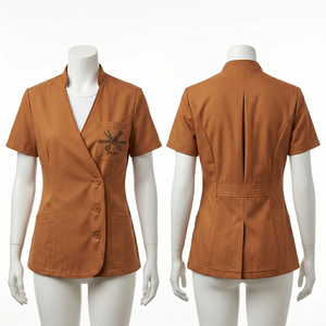 Chaqueta de Barbería para Mujer, 220 GSM, Sarga de Polialgodón, Diseño con Paneles en Contraste Crema, Logotipo Personalizado Bordado, Uniforme de Salón - Product Image 6