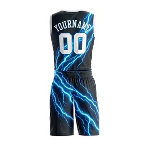 Conjunto de Uniforme de Baloncesto Profesional Transpirable de Poliéster con Efecto Relámpago Estampado en Negro y Azul, de Secado Rápido y Anti-Pilling - Product Image 2