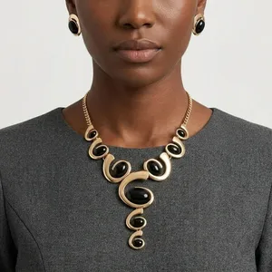 Elegante Conjunto de Collar y Pendientes de Latón Chapado en Oro Negro, Estilo Victoriano, Joyería de Boda, Accesorio de Moda Chic - Product Image 4