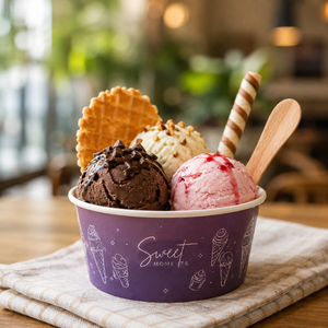 Gobelet à crème glacée jetable en papier à paroi simple, écologique et biodégradable, de qualité alimentaire, avec motif illustré violet, Sweet Moments - Product Image 1