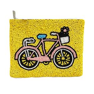 Porte-monnaie jaune perlé avec fermeture éclair, motif vélo, fait main, pour usage quotidien - Product Image 4