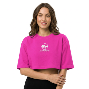 FIVE THREADS Streetwear Oversized Drop Shoulder Crop <b>Top</b> Black Short Sleeve O-Neck Jersey Cotton Casual T-Shirt Front Logo Print - Product Image 3
