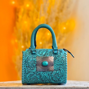 2026 New Arrival Sky Blue Hand Tooled Florals Carved Turquoise Single Stone <b>Studded</b> 100% Genuine Leather Mini Speedy Duffle <b>Bags</b> - Product Image 1