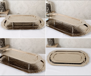 ชุดถาดเสิร์ฟโลหะตีลายทำมือ พร้อมขาตั้งยกสูง สำหรับตกแต่งบ้าน จัดวางบนโต๊ะ และใช้สำหรับงานเลี้ยงสังสรรค์ - Product Image 4