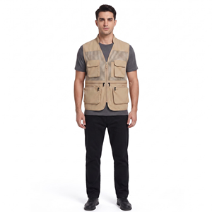 Men's Plain Dyed Sleeveless Stand Collar <b>Utility</b> <b>Vest</b> with Front Zip Closure and Mesh Panel - Product Image 1