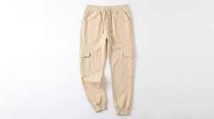 Pantalones Deportivos de Algodón Beige para Hombre, Cintura Elástica con Cordón, Múltiples Bolsillos, Joggers Casuales, Tejido de Peso Medio, Ropa de Otoño - Product Image 3