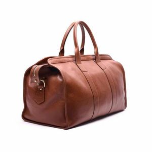 Sac de voyage en cuir véritable, forme baril, pour homme, avec bandoulière, fermeture éclair, style classique, marron, durable, capacité 20-35L - Product Image 1