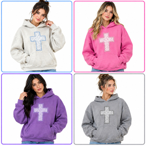 Sudadera con Capucha Extra Grande para Mujer, Color Rosa, con Diseño de Apliques Cruzados, Sudadera de Forro Polar, Corte Regular, para Otoño - Product Image 5