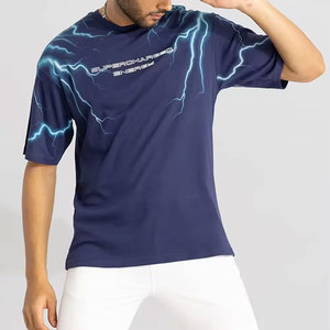 Camiseta de Manga Corta con Cuello Redondo Azul Marino para Hombre, con Estampado de Rayos, Corte Holgado, Diseño Urbano, Logotipo Frontal - Product Image 4