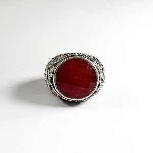 High Grade Ruby Gemstone Handcrafted Textured Wide Band Ring For Unisex - Oxidized Fine Jewelry Collection Everyday Wear - Product Image 2