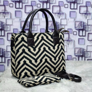 Monochrome Chevron Jacquard Handbag – 2-Piece Set with Detachable Sling <b>Strap</b> - Product Image 1