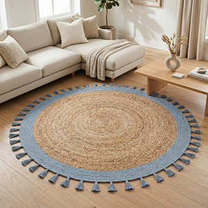 Tapis rond en jute bleu à franges de 180 cm, tapis circulaire tressé à la main pour salons contemporains - Product Image 1