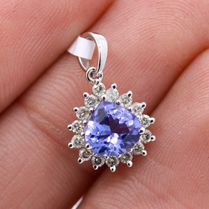 Pendentif pour femme en or blanc massif 18 carats, fait main, avec tanzanite et diamant de haute qualité, certifié GIA, tendance, pour les soirées - Product Image 1