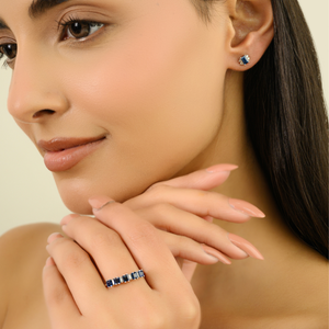 ต่างหูเพชรพลอยทรงแปดเหลี่ยมคุณภาพสูงสีน้ำเงินและเพชรทรงกลมแบบมินิมอล ขนาดเล็ก ทองคำขาวแท้ 14K - Product Image 4