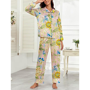 Conjunto de Pijama de Satén con Estampado Floral para Mujer, Manga Larga, Cierre de Botones, Ropa de Dormir Elegante para Primavera, 100% Seda - Product Image 5