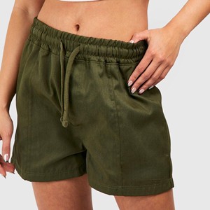 Shorts en toile vert olive pour femme, taille mi-haute, cordon de serrage, taille élastique, poches, style décontracté, coupe régulière, respirant, tissé - Product Image 6