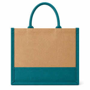 Grand sac de courses en jute, couleur turquoise et beige, avec poignée supérieure, sac fourre-tout pour épicerie - Product Image 1