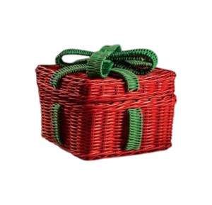 Cesta de Regalo Navideña de Mimbre Rojo Tejido con Lazo Verde, Contenedor de Almacenamiento Festivo Hecho a Mano para el Invierno - Product Image 1