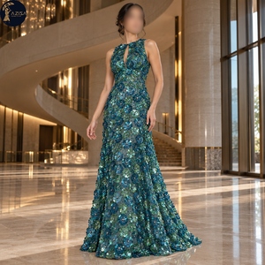 Tissu de robe à paillettes turquoise avec motifs de pétales 3D et tons verts |   Tissu en maille décorative fine pour robes de mariée et tenues de soirée - Product Image 4