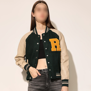 New Arrival Comfortable Women Varsity <b>Jacket</b> Green Beige Full Sleeve Turn Down Collar Button Closure Letter R Embroidery Design - Product Image 1
