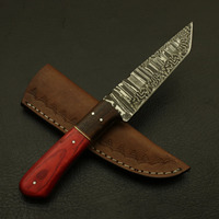 Couteau EDC à lame fixe en acier Damas, pointe tombante, forgé à la main, manche en bois Pakka rouge, bolster en bois, couteau utilitaire pour camping et bushcraft