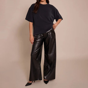 Pantalon en cuir PU taille haute pour femme avec logo personnalisé, coupe ample, couleur unie, jambe large, longueur intégrale, style décontracté automne - Product Image 1
