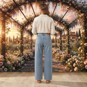 Jean en denim bleu clair taille haute à jambe large pour femme, coupe décontractée longueur pleine, en coton respirant, style printemps - Product Image 5