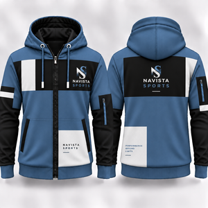 Sudadera con capucha negra para hombre con cremallera completa, ribete azul en contraste, poliéster French Terry, chaqueta con capucha y cremallera completa, sublimación, estilo deportivo casual urbano - Product Image 3