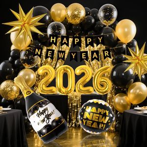 Set di 158 Pezzi per Festa di Capodanno 2026, Decorazioni per un Felice Anno Nuovo, Include Palloncini con Coriandoli Neri e Oro, Frange, Tende e Striscioni - Product Image 1