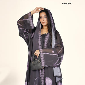 เสื้อคลุมชีฟองพิมพ์ลายแบบเปิดด้านหน้า สไตล์อาบายะ พร้อมฮู้ด แต่งขอบด้วยผ้า  ชุดสุภาพเรียบร้อย ความยาวเต็มตัว ทรงพลิ้วไหว - Product Image 3