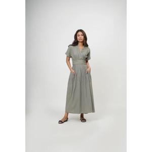Robe longue en lin coupe trapèze à col en V, manches courtes, avec lien à nouer et poches, style simple et confortable pour femme - Prix de gros - Product Image 1