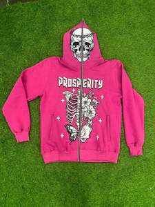 Sweat-shirt à capuche zippé unisexe en polaire rose, coupe régulière, motif Tête de Mort Gothique Prosperity, style streetwear automne, anti-boulochage, ODM - Product Image 2