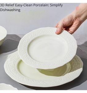 Ineeman Mambo Green French Design Tableware Series Embossed Petal Pattern Underglaze BPA Free Porcelain Durable <b>Dinnerware</b> <b>Sets</b> - Product Image 3