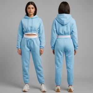 Women <b>Cropped</b> Hoodie <b>Jogger</b> 2 Piece Tracksuit Set Sweatshirt Sweatpants Casual Sportswear Fleece Outfit Wholesale OEM Custom - Product Image 2